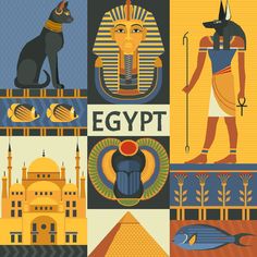 an image of egyptian art with the words egypt on it and pictures of cats, fish, and pyramids