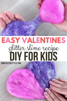 two hands holding purple and pink heart shaped rocks with the text easy valentine's glitter slime recipe diy for kids