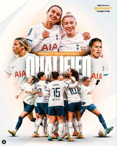 a group of women's soccer players standing together in front of an advertisement for their team