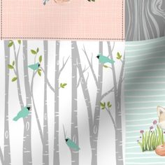 three different wallpapers with trees, flowers and birds on them in pastel colors