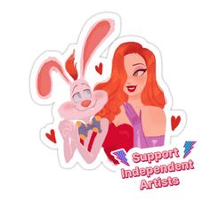 an image of a woman with red hair and bunny ears on her head, next to the words support independent artists