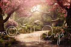 an image of a path in the woods with trees and flowers on either side that says o'call drops