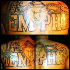 the back of a man's upper half sleeve with an elephant and letters on it