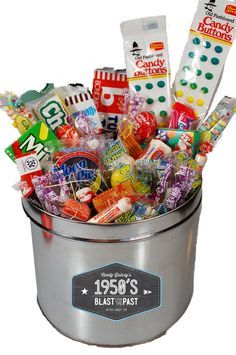 a bucket filled with lots of candy and candies