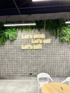 there is a sign on the wall that says let's eat lunch and lettuce