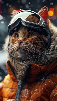 a cat wearing a helmet and goggles in the snow