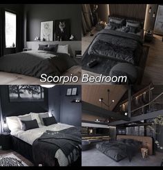 black and white bedroom decor with pictures on the wall, bedding and rugs