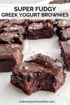 chocolate fudge brownies with text overlay that reads, super fudge greek yogurt brownies