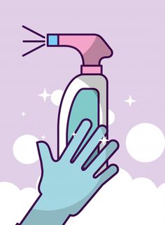 a hand holding a spray bottle with blue gloves on it and stars in the background