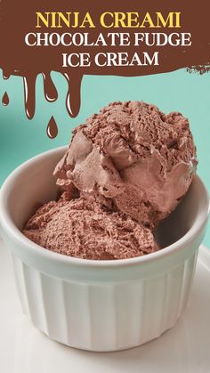 chocolate fudge ice cream in a white bowl on a blue background with the words, nina cream chocolate fudge ice cream