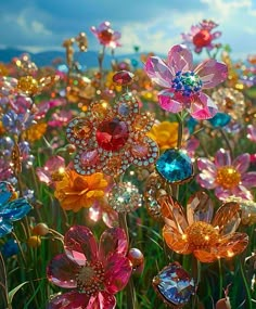 colorful flowers are in the middle of a field