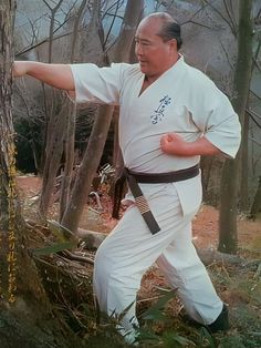 the man is practicing his karate moves in the woods