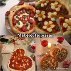 several different pizzas with hearts on them and the words make cut pizzas written below