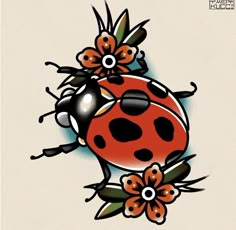 a drawing of a ladybug with flowers on it