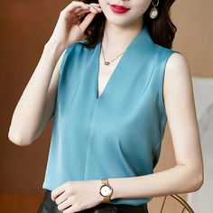 Summer Outfits Summer Sleeveless Satin Women Blouse and Tops Casual Solid Color V Neck Women Clothing Plus Size Ladies Shirts, Sky blue / XXL Sassy Shirts, Neck Women, Stylish Blouse, Silk Tank, Womens Vest, Casual Tops, Women Clothing, Timeless Fashion, Sleeveless Top