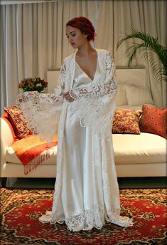 Bridal Nightgown Satin Off White Wedding Lingerie Venise Lace | Etsy White Wedding Lingerie, Wedding Party Robes, Satin Bridal Robe, Wedding Trousseau, Wedding Night Lingerie, Bridal Nightgown, Robe Wedding, Backless Gown, Satin Fashion