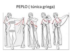 three different poses of a woman with her hands on her hips, and the words peplo tunica grega