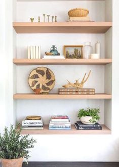 the shelves are filled with books, plants and other things on top of each shelf