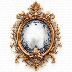 an ornate gold framed mirror on a white wall with leaves and scrolls around the edges