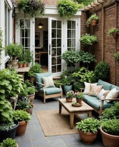 an outdoor patio with potted plants and furniture