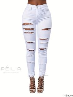 Peilia - Distressed High Rise Skinny Jeans with Ripped Holes, Slim Fit High Waist Denim Pants for Women Stretch Bottoms With Holes For Spring, Stretch Distressed White Bottoms, White Ripped Denim Pants, White Ripped Mid-rise Bottoms, White Distressed Denim Pants, White High Rise Ripped Jeans, White Mid-rise Ripped Jeans, White Stretch Ripped Jeans, High Waist Denim Pants