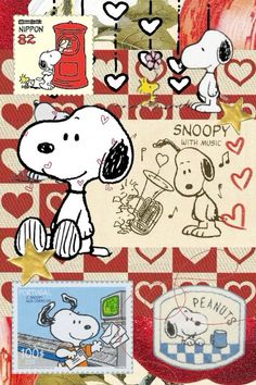 snoopy and his friends are depicted in this collage with hearts, stars, and other things