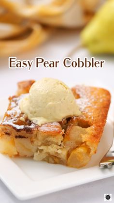 an easy pear cobbler on a white plate with a scoop of ice cream and bananas in the background