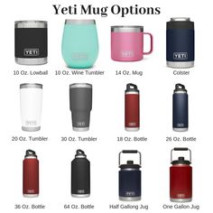 the yeti mug options are shown in different colors