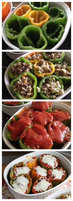 several different pictures of stuffed peppers and sauces