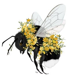 a drawing of a bee with yellow flowers on it's back legs and wings