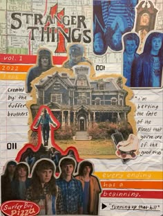 an altered collage with images of people in front of a house and the words strange things on it