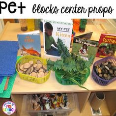 there is a table with books and other items on it that include plants, rocks, and clams