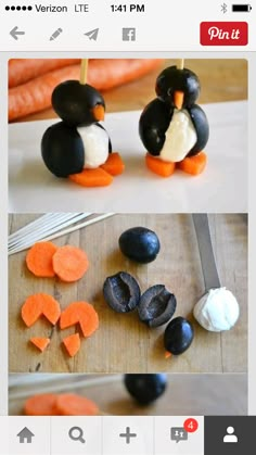 two pictures of carrots and some kind of penguin