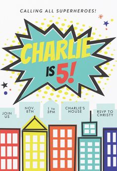 a poster with the words charlie is 5 in front of a cityscape and stars