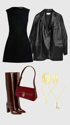 a woman's outfit and accessories including boots, jacket, handbag