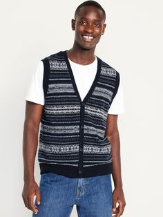 v-neck button front rib-knit trim relaxed fit hits at hip model is approx.  6'1" and wears size mmachine wash according to the care instruction label  . Best Holiday gift for Men , perfect Vests for Christmas! Sleeveless Sweater Vest With Fair Isle Pattern For Winter, Men’s Crochet Vest, Men’s Knit Sweater Vest, Fair Isle Vest, Cheap Multicolor V-neck Sweater Vest, Men’s Fair Isle Sweater, Holiday Gifts For Men, Old Navy Men, Outerwear Vest