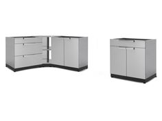 three different types of metal cabinets on white background