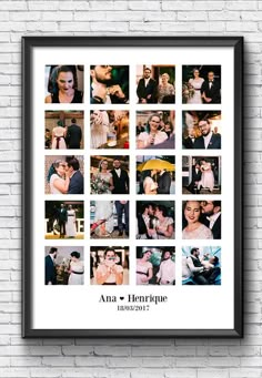 a black frame hanging on a brick wall with photos of people and their wedding day