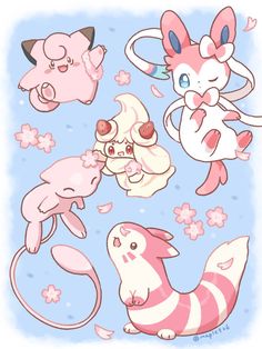 some cute little animals with pink and white colors