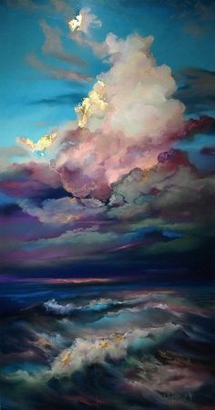 an oil painting of clouds over the ocean