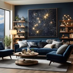 a living room filled with furniture and a firework painting on the wall above it