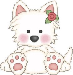 a white dog with pink paws and a flower in its hair sitting on the ground