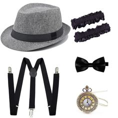 PRICES MAY VARY. The 1920s costume accessories set includes: 1*panama hat, 1*bow tie, 1*Y-back elastic suspender, 1*paper stick, 1*vintage pocket watch and 1 pair of armband garters. What you see is what you get. Panama hat: comfortable and one size fits most, bow tie and armband garters are made of smooth polyester, Y-back suspender is elastic and easy to wear, paper stick is made of plastic and paper, pocket watch is made of alloy. The complete costume accessories and easy to wear, you will ge 1920s Outfit, 20s Costume, Gangster Costumes, Gatsby Accessories, 1920s Accessories, 1920s Costume, Roaring 20s Party, Vintage Pocket Watch