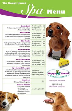 the happy hound spa menu features two dogs