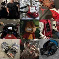 a collage of photos with various sports related items