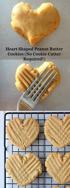 heart shaped peanut butter cookies on a cooling rack