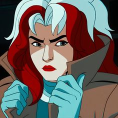 an animated woman with red hair and blue gloves is looking at the camera while holding her hand up to her face