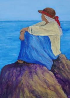 a painting of a woman sitting on top of a rock looking out at the ocean