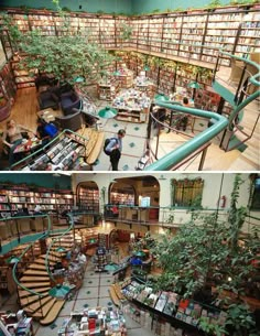 the inside and outside of a library with many bookshelves full of books, plants and people