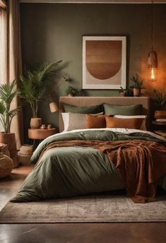 a bedroom with green walls and bedding, potted plants on the floor next to it